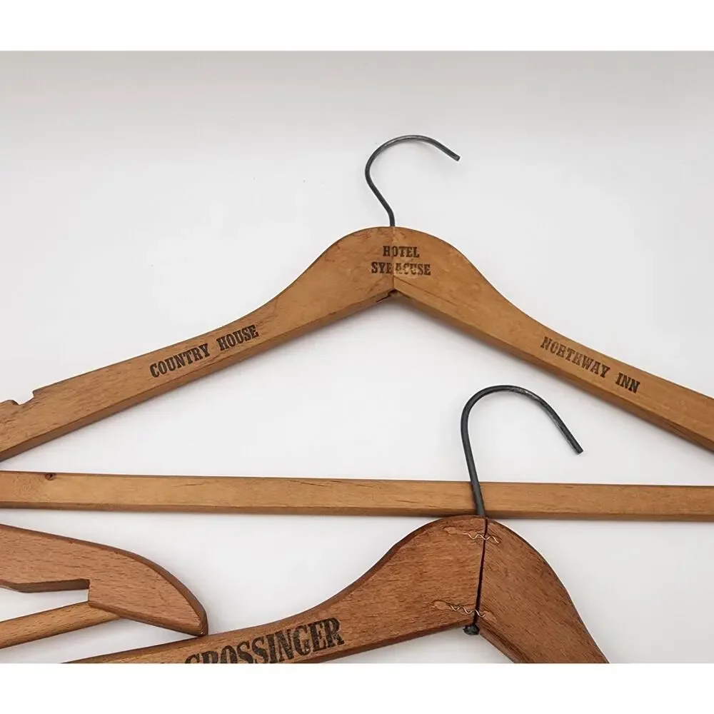 Vtg Lot of 5 Wood Coat Hangers Hotel Dept Store Advertising Syracuse New Yorker